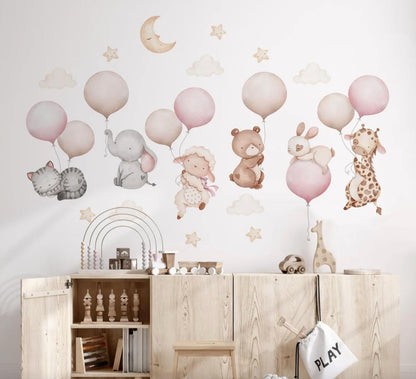 Pink Balloons with Baby Animals Wall Decal - Cute Baby Animal Wall Sticker for Nursery - Pink Nursery Decor with Sheep Elephant Bear Cat Giraffe - Removable Kids Room Vinyl Art Mural (Blue, Set2)