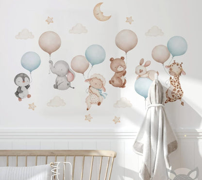 Pink Balloons with Baby Animals Wall Decal - Cute Baby Animal Wall Sticker for Nursery - Pink Nursery Decor with Sheep Elephant Bear Cat Giraffe - Removable Kids Room Vinyl Art Mural (Blue, Set2)