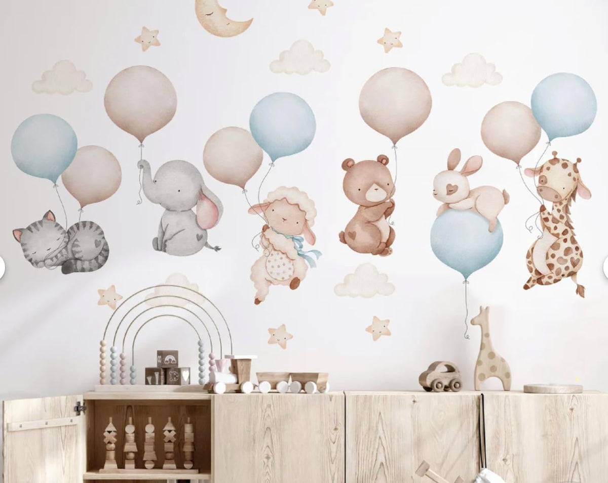 Pink Balloons with Baby Animals Wall Decal - Cute Baby Animal Wall Sticker for Nursery - Pink Nursery Decor with Sheep Elephant Bear Cat Giraffe - Removable Kids Room Vinyl Art Mural (Blue, Set2)