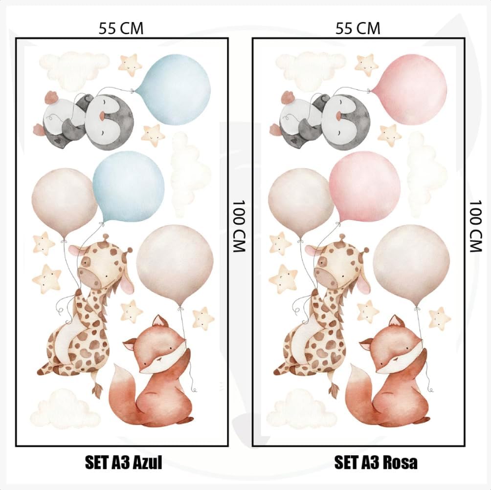 Pink Balloons with Baby Animals Wall Decal - Cute Baby Animal Wall Sticker for Nursery - Pink Nursery Decor with Sheep Elephant Bear Cat Giraffe - Removable Kids Room Vinyl Art Mural (Blue, Set2)