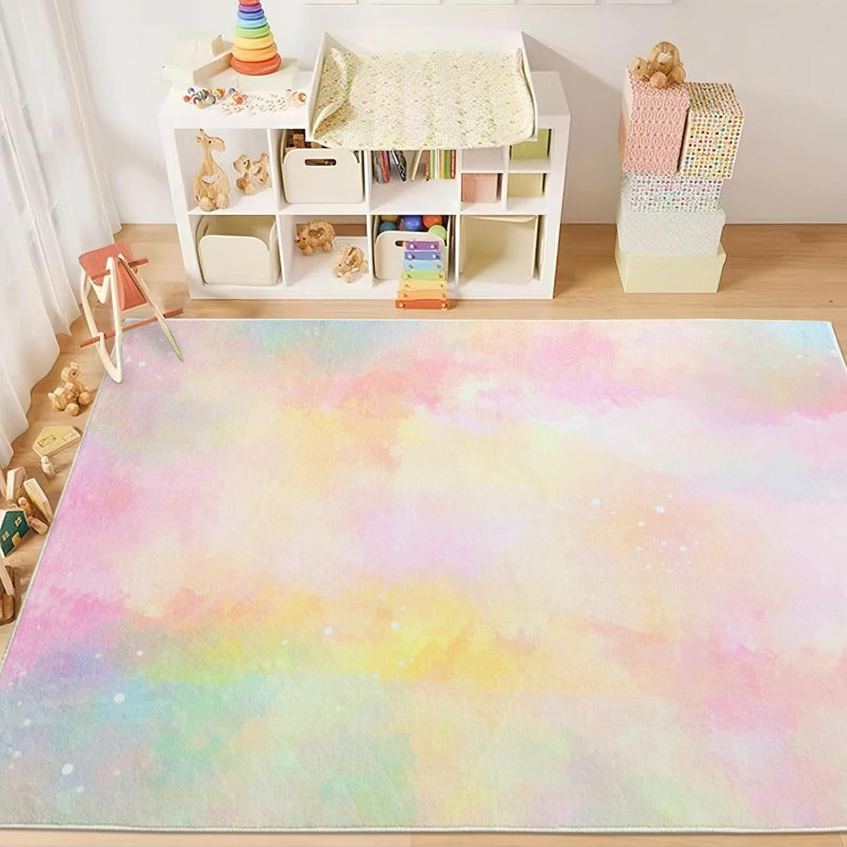 Kids Rug 5x6.6Ft Pastel Pink Yellow Carpet for Boys Girls Bedroom