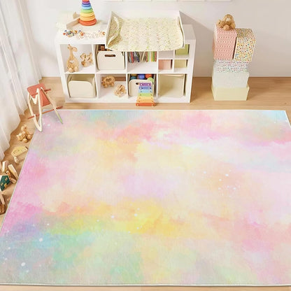 Kids Rug 5x6.6Ft Pastel Pink Yellow Carpet for Boys Girls Bedroom