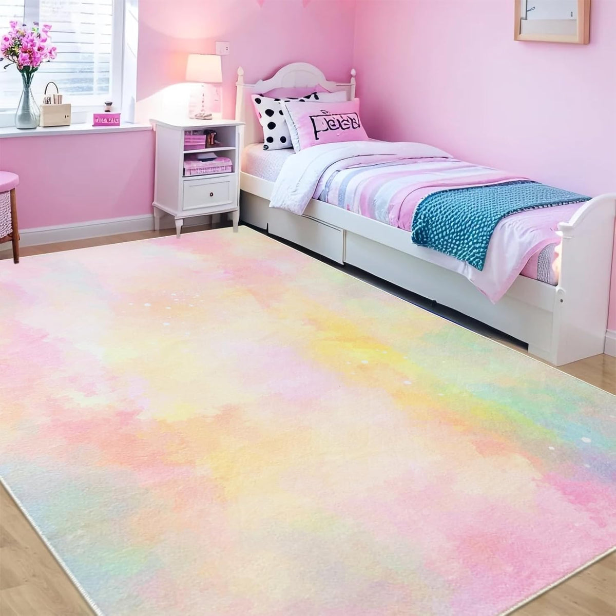 Kids Rug 5x6.6Ft Pastel Pink Yellow Carpet for Boys Girls Bedroom