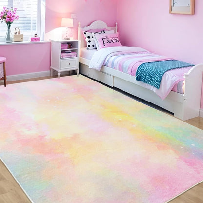 Kids Rug 5x6.6Ft Pastel Pink Yellow Carpet for Boys Girls Bedroom