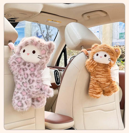 Tissue Box Cover Plush Tissue Box Holder for Car, Home, Decorative Holder/Organizer for Bathroom Vanity Countertop, Nightstands, Office Desk-Pink Leopard Cat