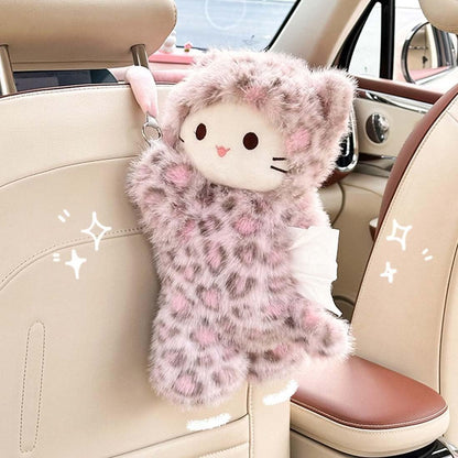 Tissue Box Cover Plush Tissue Box Holder for Car, Home, Decorative Holder/Organizer for Bathroom Vanity Countertop, Nightstands, Office Desk-Pink Leopard Cat
