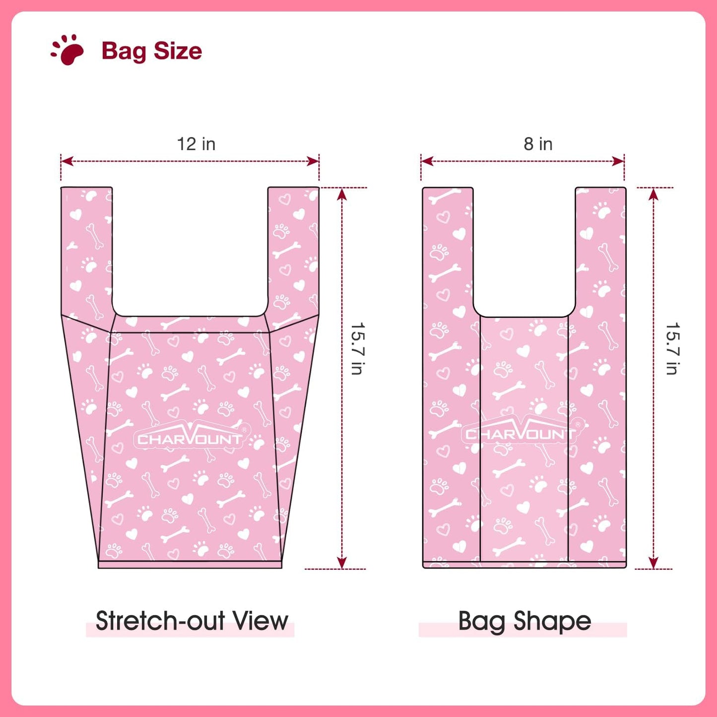 120 Counts Unscented Dog Poop Bags Rolls with Handles, 16"x8"Extra Thick Pet Waste Bag, Leak Proof and Easy Tie, Cat Litter Bags, Pink