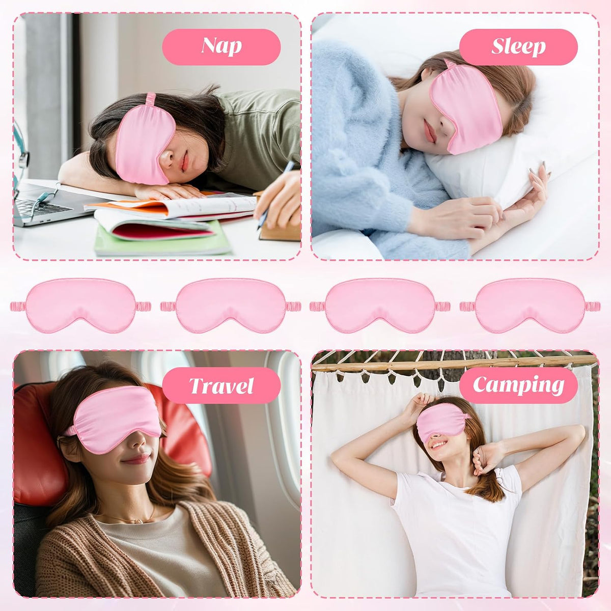 Silk Sleep Eye Mask 4 Pack Mulberry Silk Sleep Mask Eye Cover Blindfold with Elastic Strap Cute Satin Soft Eyeshade Masks for Women Night Sleeping Travel Nap (Pink)