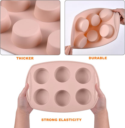 6-Cavity Silicone Muffin Pan, Circular Shape Non-Stick Baking Mold for Cupcakes, Egg Tarts, Fruit Pies, Brownies, Oven & Dishwasher Safe (-104°F to +446°F), BPA-Free Flexible Bakeware - Nordic pink