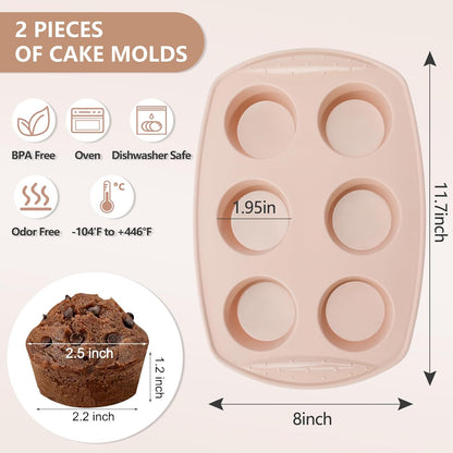 6-Cavity Silicone Muffin Pan, Circular Shape Non-Stick Baking Mold for Cupcakes, Egg Tarts, Fruit Pies, Brownies, Oven & Dishwasher Safe (-104°F to +446°F), BPA-Free Flexible Bakeware - Nordic pink