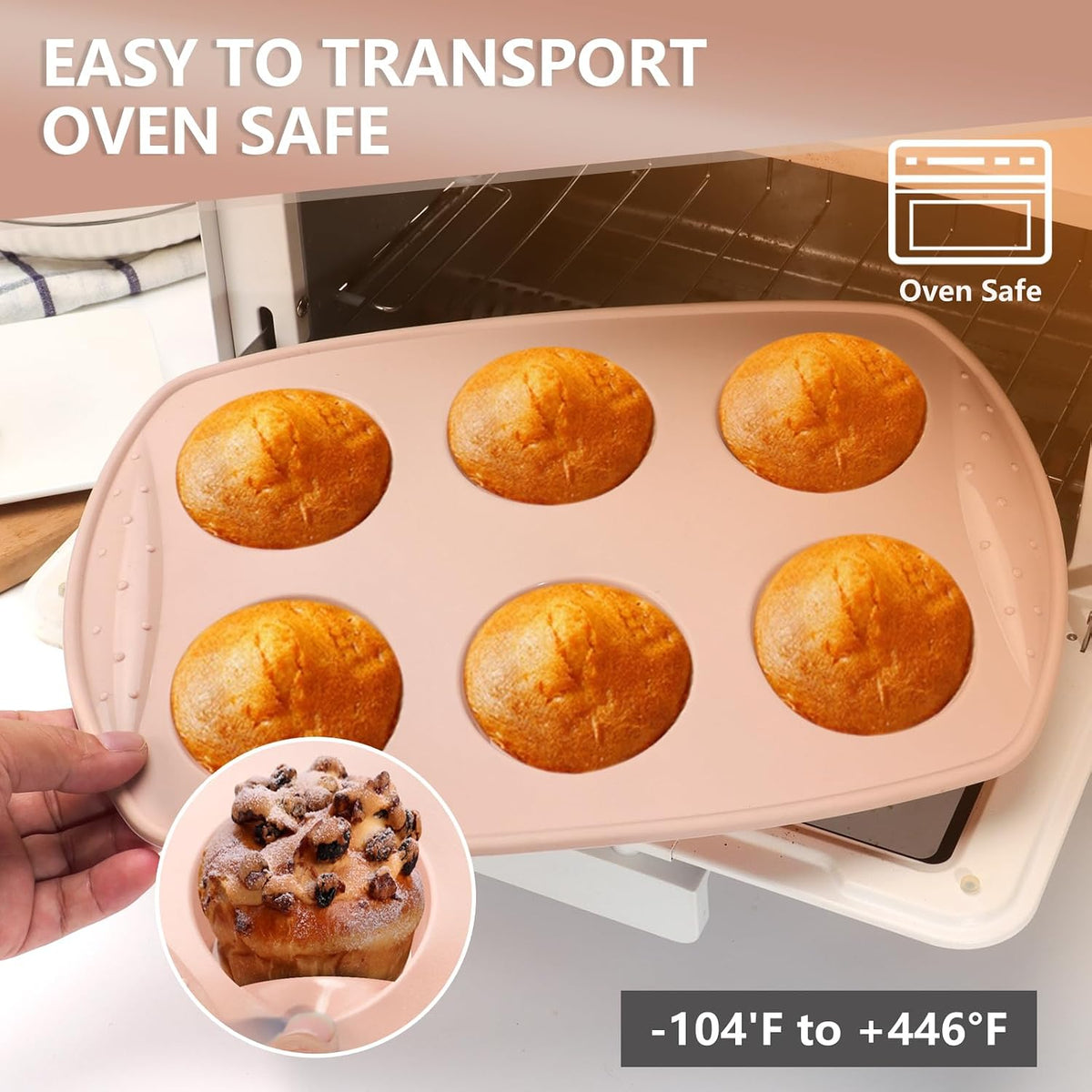 6-Cavity Silicone Muffin Pan, Circular Shape Non-Stick Baking Mold for Cupcakes, Egg Tarts, Fruit Pies, Brownies, Oven & Dishwasher Safe (-104°F to +446°F), BPA-Free Flexible Bakeware - Nordic pink