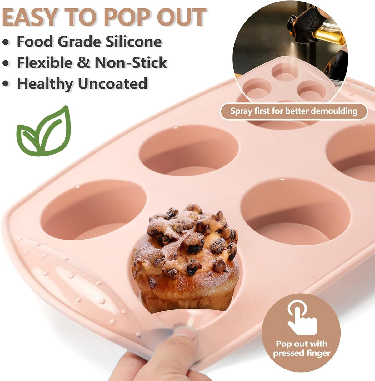 6-Cavity Silicone Muffin Pan, Circular Shape Non-Stick Baking Mold for Cupcakes, Egg Tarts, Fruit Pies, Brownies, Oven & Dishwasher Safe (-104°F to +446°F), BPA-Free Flexible Bakeware - Nordic pink