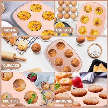 6-Cavity Silicone Muffin Pan, Circular Shape Non-Stick Baking Mold for Cupcakes, Egg Tarts, Fruit Pies, Brownies, Oven & Dishwasher Safe (-104°F to +446°F), BPA-Free Flexible Bakeware - Nordic pink