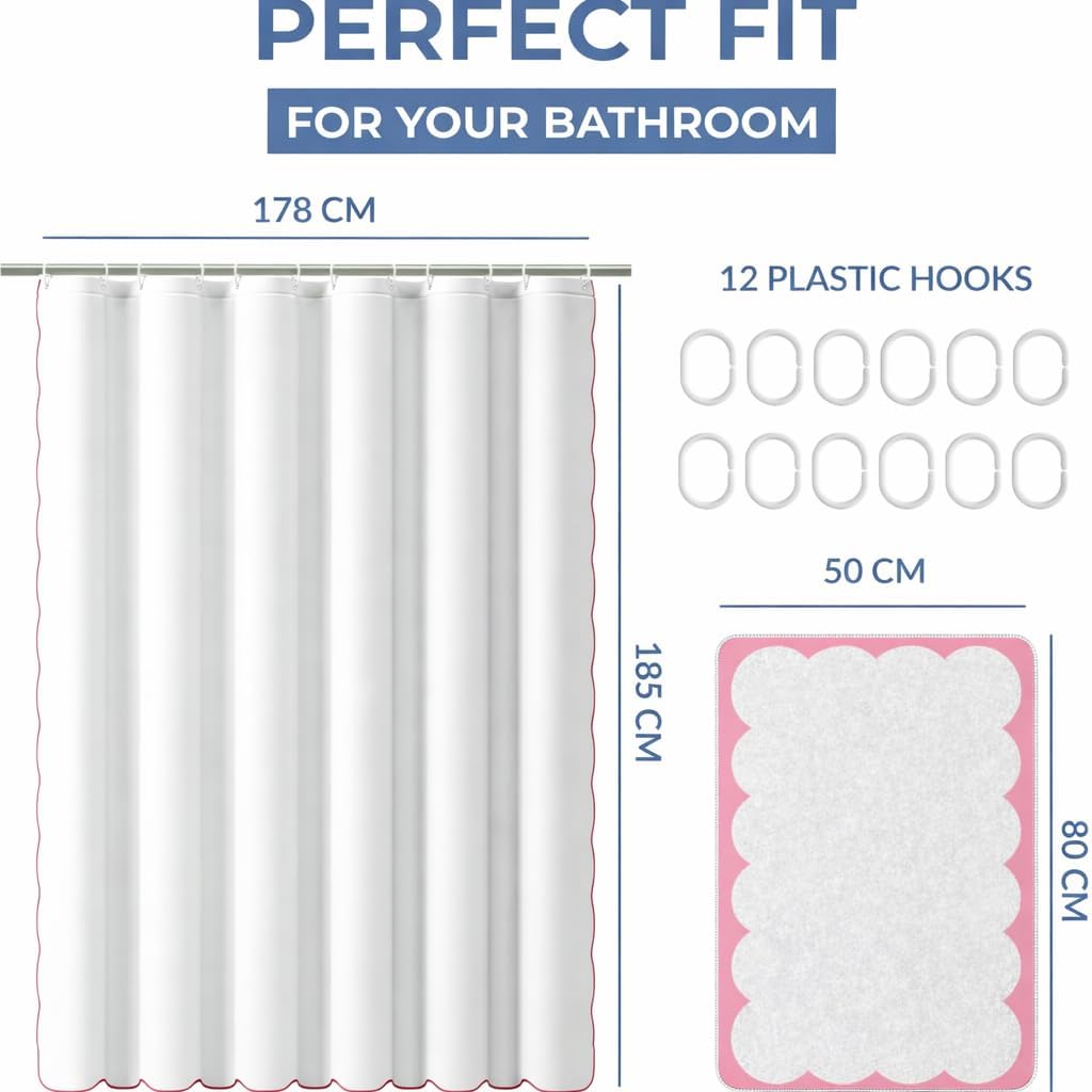 Scalloped Shower Curtain Set, Water-Resistant Fabric Bath Curtain with Mat and Hooks, Modern Bathroom Decor, 72 x 72 Inch (White with Pink Trim)