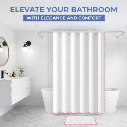 Scalloped Shower Curtain Set, Water-Resistant Fabric Bath Curtain with Mat and Hooks, Modern Bathroom Decor, 72 x 72 Inch (White with Pink Trim)