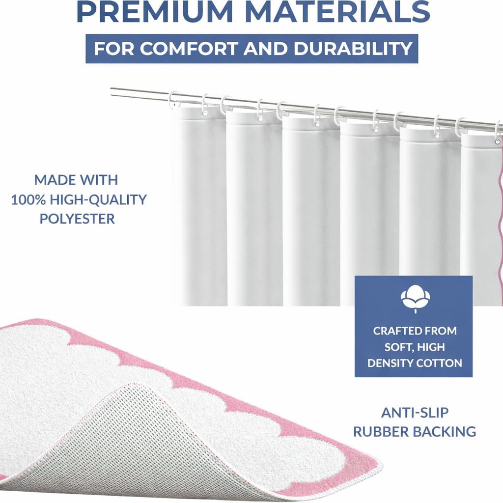 Scalloped Shower Curtain Set, Water-Resistant Fabric Bath Curtain with Mat and Hooks, Modern Bathroom Decor, 72 x 72 Inch (White with Pink Trim)