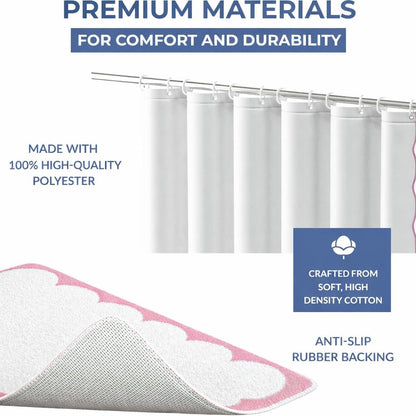 Scalloped Shower Curtain Set, Water-Resistant Fabric Bath Curtain with Mat and Hooks, Modern Bathroom Decor, 72 x 72 Inch (White with Pink Trim)