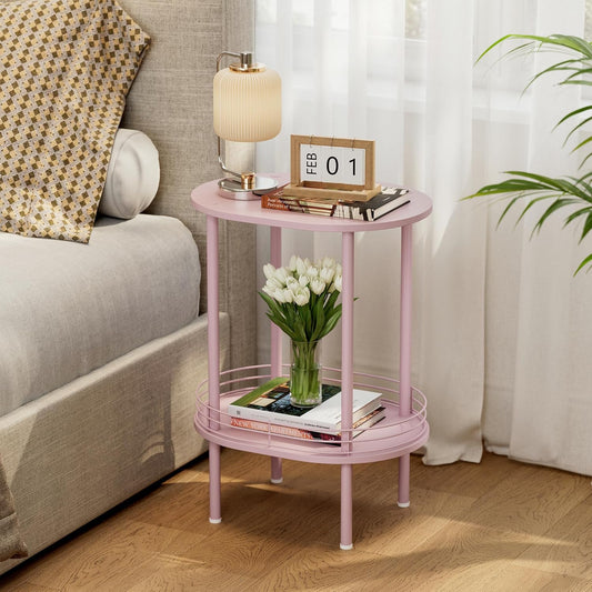 Small Modern Oval Side Table with Storage,2-Tier Side Tables Living Room,Sturdy Nightstand for Small Space - Living Room, Bedroom, Bathroom, Nursery (1PC,Pink)