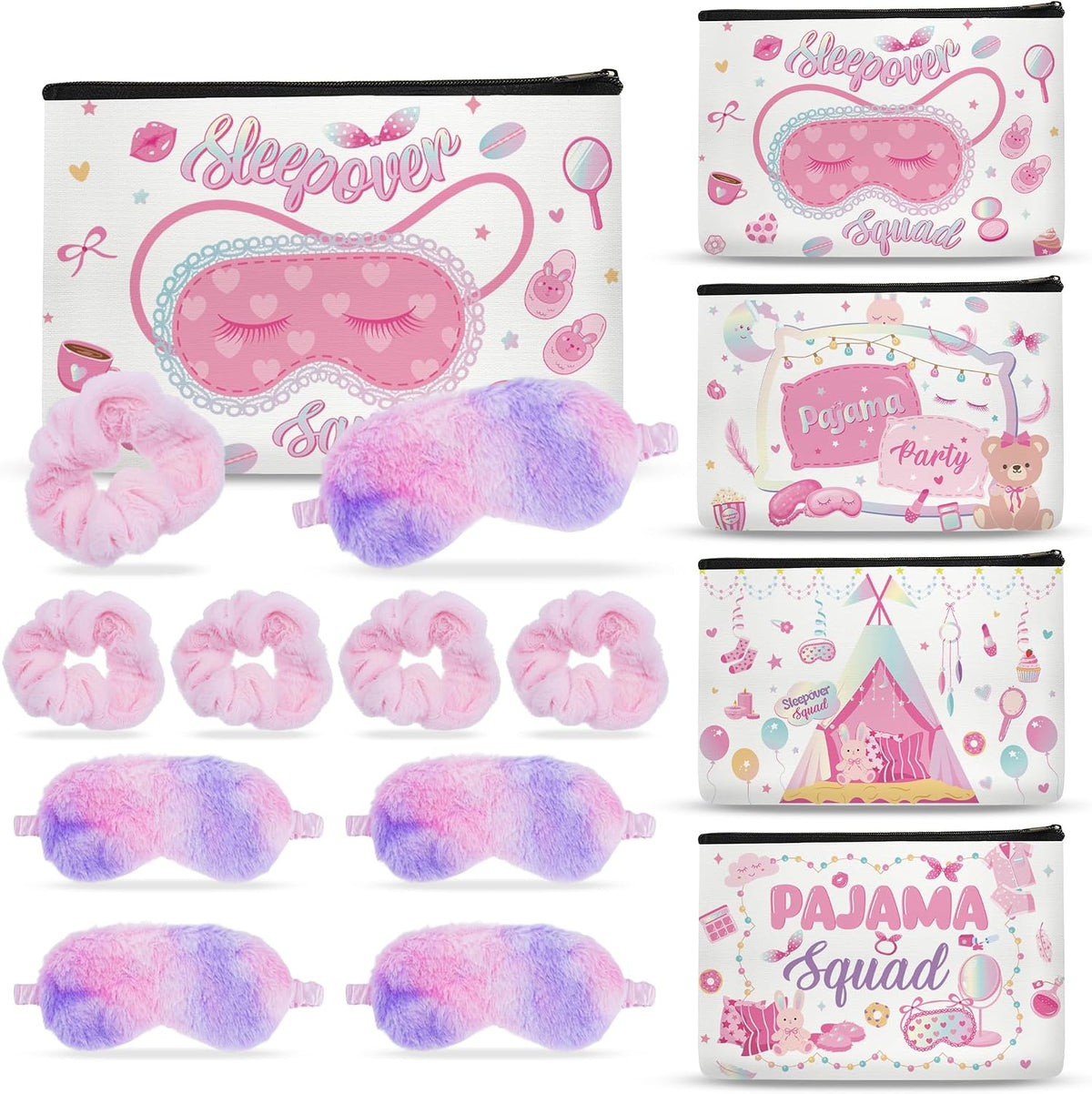 12 Pcs Slumber Party Supplies for Girls, Sleepover Party Supplies Includes 4 Pink Plush Eye Masks, 4 Hair Bands and 4 Double-Sided Printed Makeup Bags for Spa Birthday Party, Pajama Favors