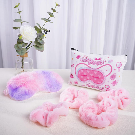 12 Pcs Slumber Party Supplies for Girls, Sleepover Party Supplies Includes 4 Pink Plush Eye Masks, 4 Hair Bands and 4 Double-Sided Printed Makeup Bags for Spa Birthday Party, Pajama Favors