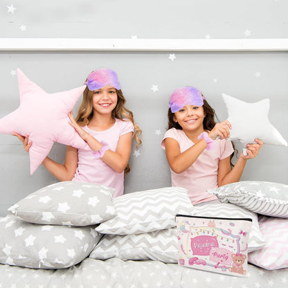 12 Pcs Slumber Party Supplies for Girls, Sleepover Party Supplies Includes 4 Pink Plush Eye Masks, 4 Hair Bands and 4 Double-Sided Printed Makeup Bags for Spa Birthday Party, Pajama Favors