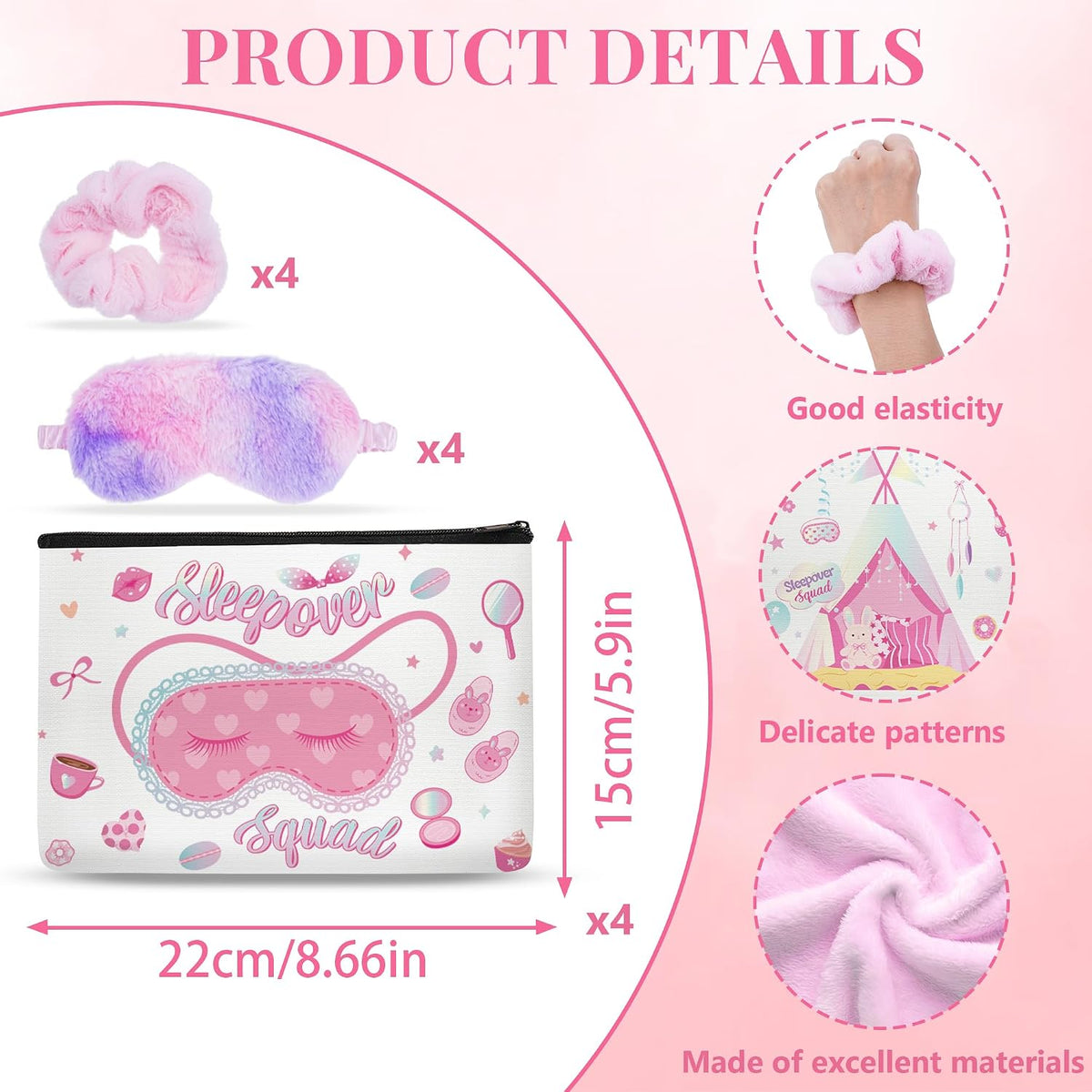 12 Pcs Slumber Party Supplies for Girls, Sleepover Party Supplies Includes 4 Pink Plush Eye Masks, 4 Hair Bands and 4 Double-Sided Printed Makeup Bags for Spa Birthday Party, Pajama Favors
