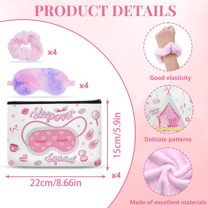 12 Pcs Slumber Party Supplies for Girls, Sleepover Party Supplies Includes 4 Pink Plush Eye Masks, 4 Hair Bands and 4 Double-Sided Printed Makeup Bags for Spa Birthday Party, Pajama Favors