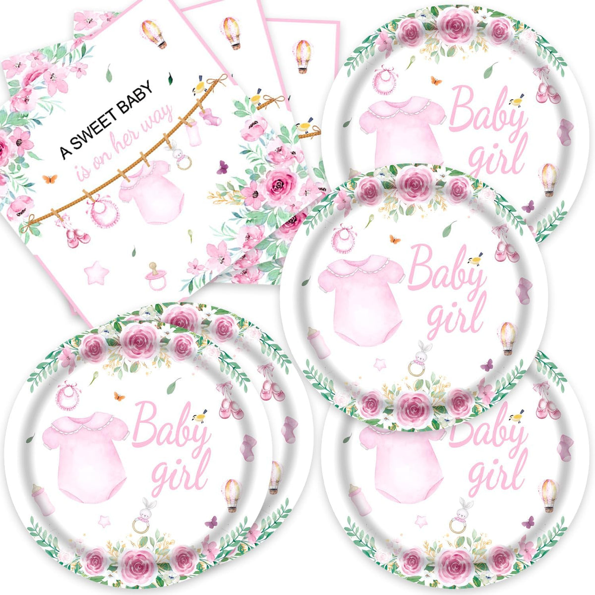 40pcs Pink Floral Baby Girl Shower Decorations Girls Gender Reveal Supplies Spring Rose Pink Girl Small Baby Shower Plates and Napkins for Babies Girls,Suitable for 20 Guests.