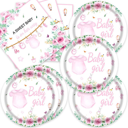 40pcs Pink Floral Baby Girl Shower Decorations Girls Gender Reveal Supplies Spring Rose Pink Girl Small Baby Shower Plates and Napkins for Babies Girls,Suitable for 20 Guests.