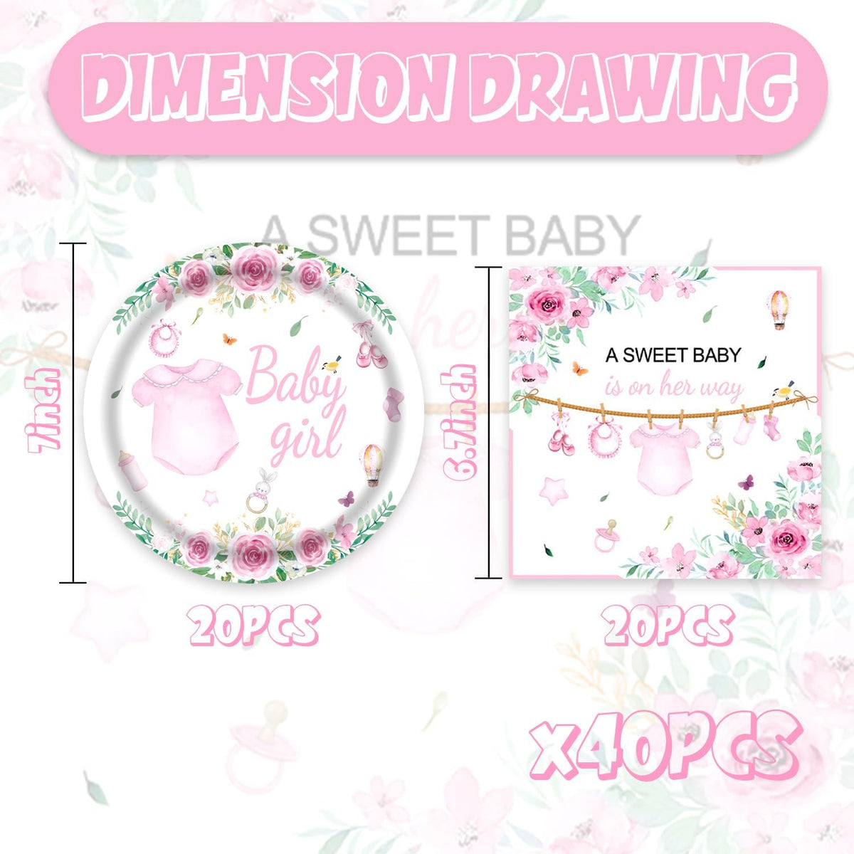 40pcs Pink Floral Baby Girl Shower Decorations Girls Gender Reveal Supplies Spring Rose Pink Girl Small Baby Shower Plates and Napkins for Babies Girls,Suitable for 20 Guests.