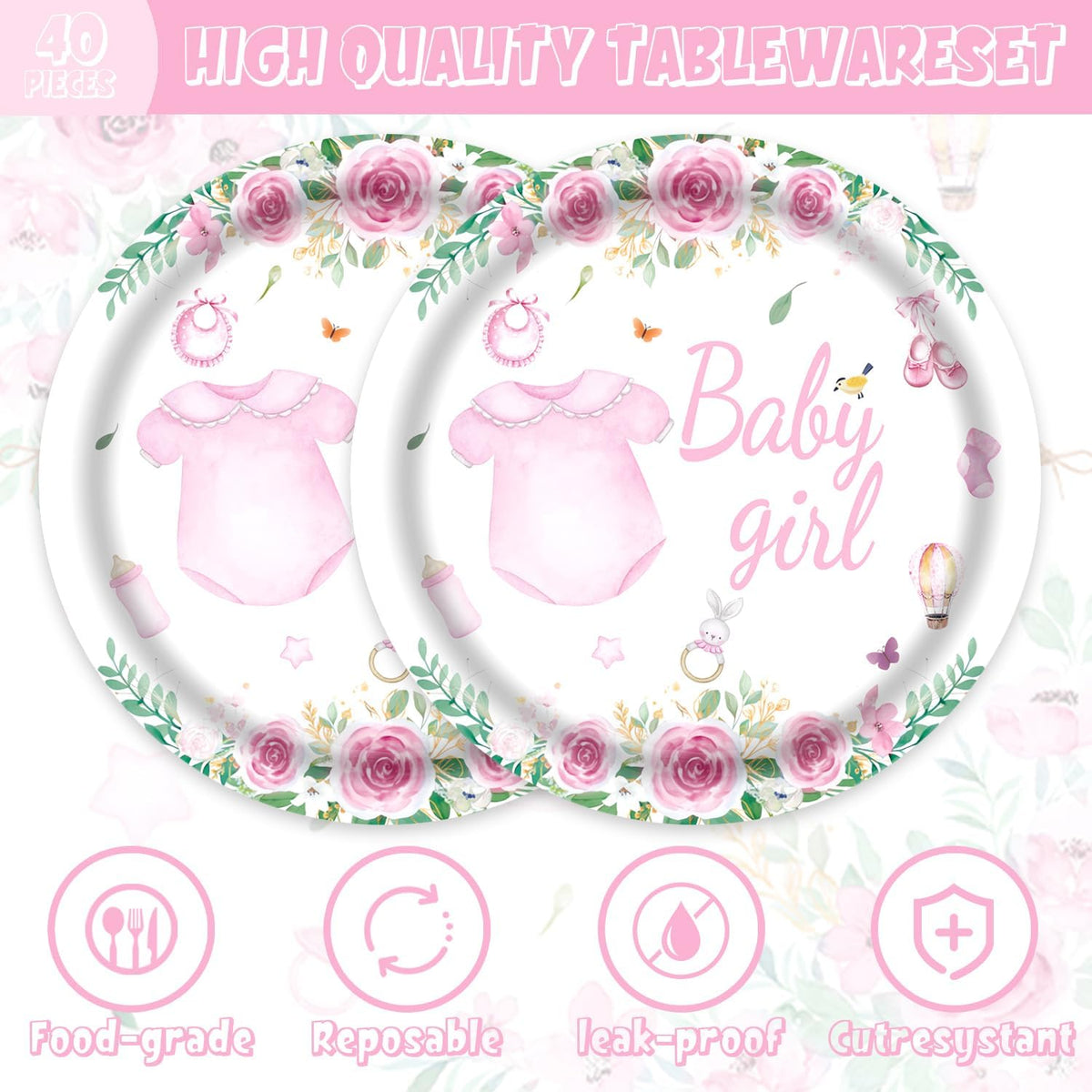 40pcs Pink Floral Baby Girl Shower Decorations Girls Gender Reveal Supplies Spring Rose Pink Girl Small Baby Shower Plates and Napkins for Babies Girls,Suitable for 20 Guests.