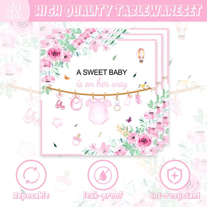 40pcs Pink Floral Baby Girl Shower Decorations Girls Gender Reveal Supplies Spring Rose Pink Girl Small Baby Shower Plates and Napkins for Babies Girls,Suitable for 20 Guests.