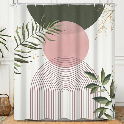Boho Mid Century Shower Curtain, Pink Modern Minimalist Abstract Geometric Sage Green Gold Plant Leaves Bathroom Curtains Washable Waterproof Fabric Buthtub Curtain Set with Hooks 48" Wx72 L