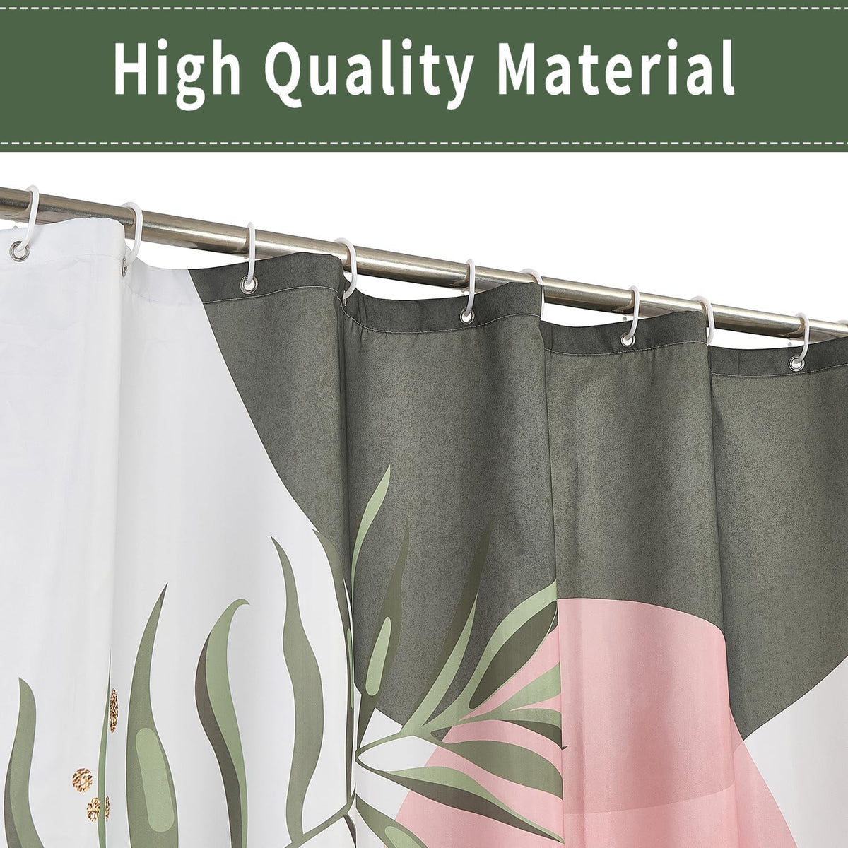 Boho Mid Century Shower Curtain, Pink Modern Minimalist Abstract Geometric Sage Green Gold Plant Leaves Bathroom Curtains Washable Waterproof Fabric Buthtub Curtain Set with Hooks 48" Wx72 L