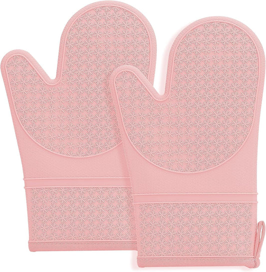 Silicone Oven Mitts, Heat Resistant 500F Kitchen Mitts 2PCS, 11.6" BPA-Free Soft Baking Gloves, Non-Slip Grip Oven Gloves with Soft Cotton Lining for Kitchen Cooking Baking BBQ - Pink
