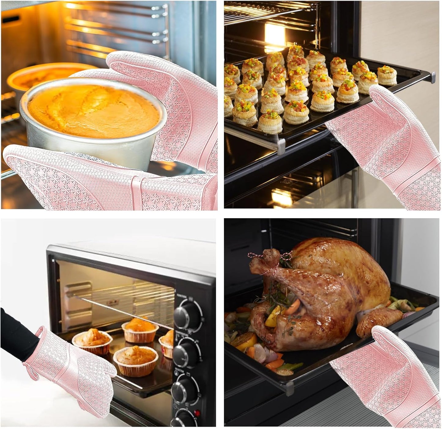 Silicone Oven Mitts, Heat Resistant 500F Kitchen Mitts 2PCS, 11.6" BPA-Free Soft Baking Gloves, Non-Slip Grip Oven Gloves with Soft Cotton Lining for Kitchen Cooking Baking BBQ - Pink