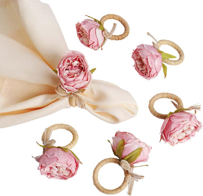Handcraft Flower Napkin Rings Set of 6,Pink Peony Flower Handmade Napkin Holder Rings Table Decorations for Summer,Wedding,Luncheons,Picnics,Banquet, Birthday,Christmas,Valentine's, Thanksgiving