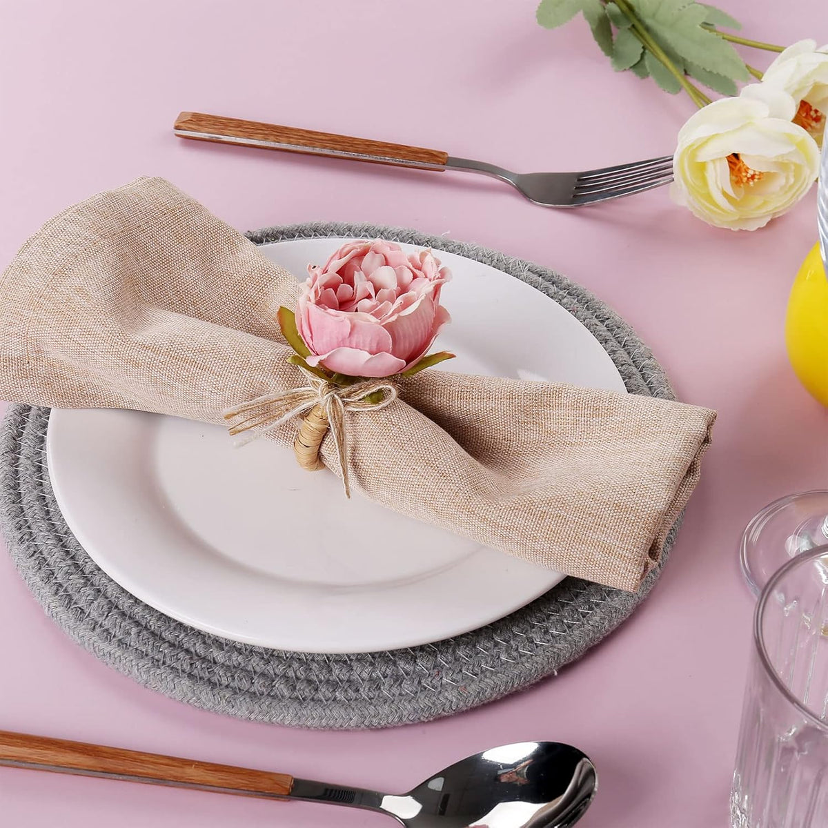 Handcraft Flower Napkin Rings Set of 6,Pink Peony Flower Handmade Napkin Holder Rings Table Decorations for Summer,Wedding,Luncheons,Picnics,Banquet, Birthday,Christmas,Valentine's, Thanksgiving