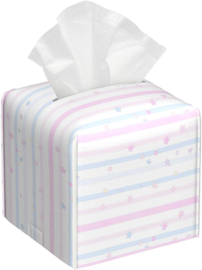 Pink Blue Geometric Stripes Pattern Tissue Box Cover Square PU Leather Waterproof Tissue Box Holder for Car Bathroom Bedroom Office Tabletop Decor