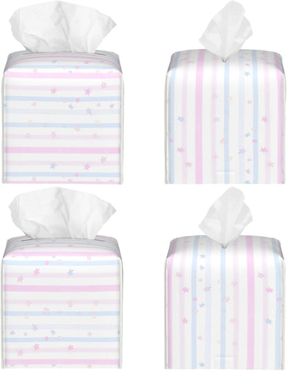 Pink Blue Geometric Stripes Pattern Tissue Box Cover Square PU Leather Waterproof Tissue Box Holder for Car Bathroom Bedroom Office Tabletop Decor