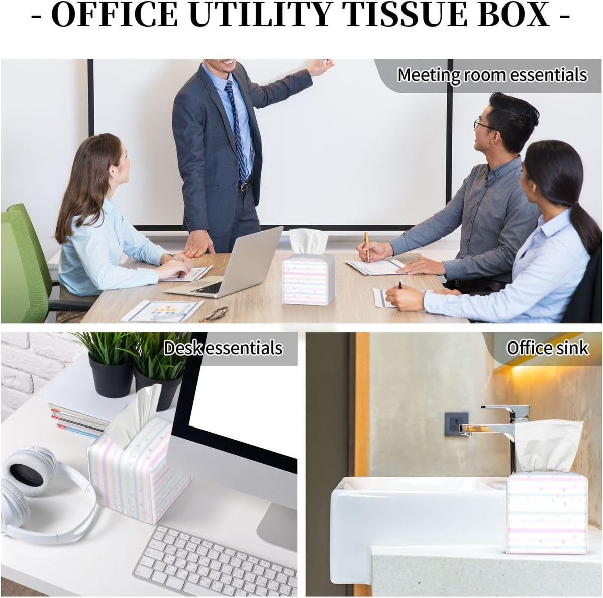 Pink Blue Geometric Stripes Pattern Tissue Box Cover Square PU Leather Waterproof Tissue Box Holder for Car Bathroom Bedroom Office Tabletop Decor
