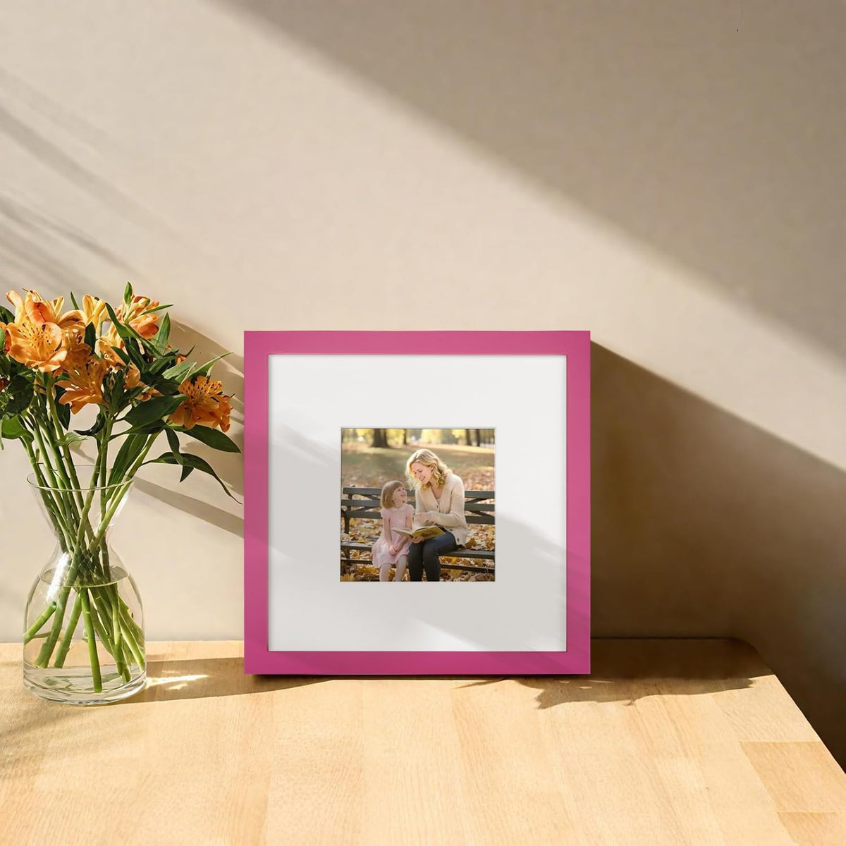 8x8 Picture Frames Solid Wood 4x4 Square Frame with Mat Pink 2 Pack