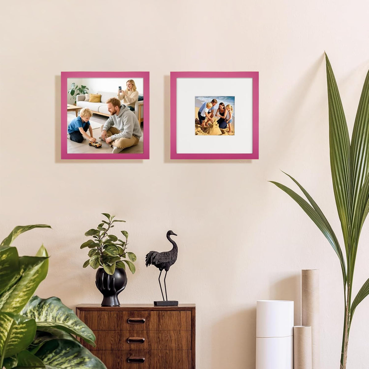 8x8 Picture Frames Solid Wood 4x4 Square Frame with Mat Pink 2 Pack
