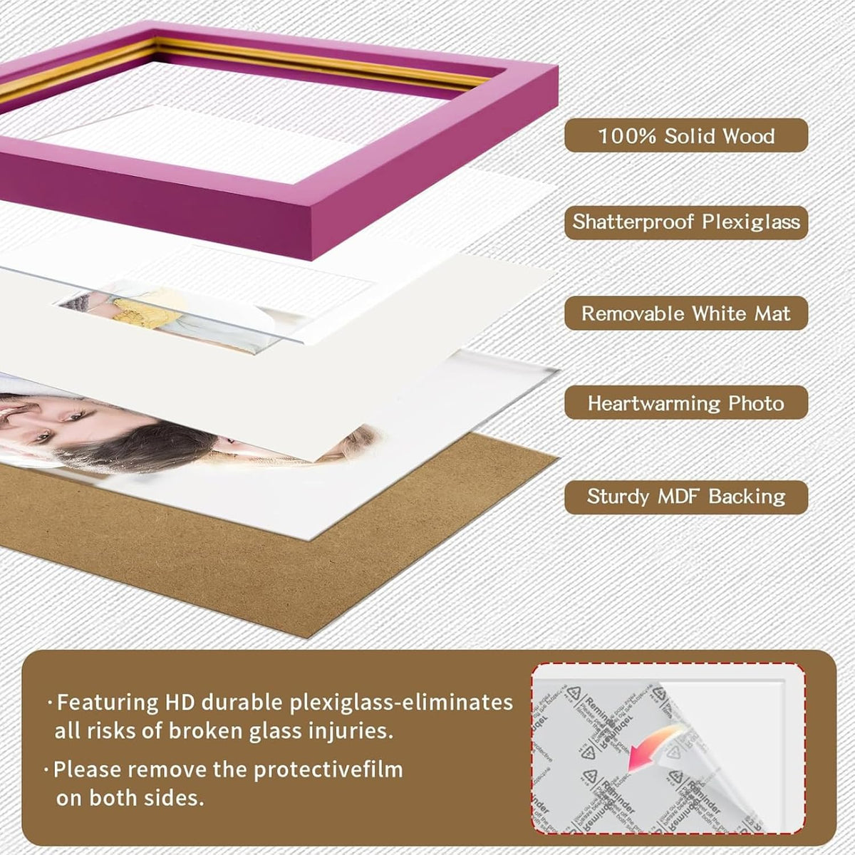 8x8 Picture Frames Solid Wood 4x4 Square Frame with Mat Pink 2 Pack