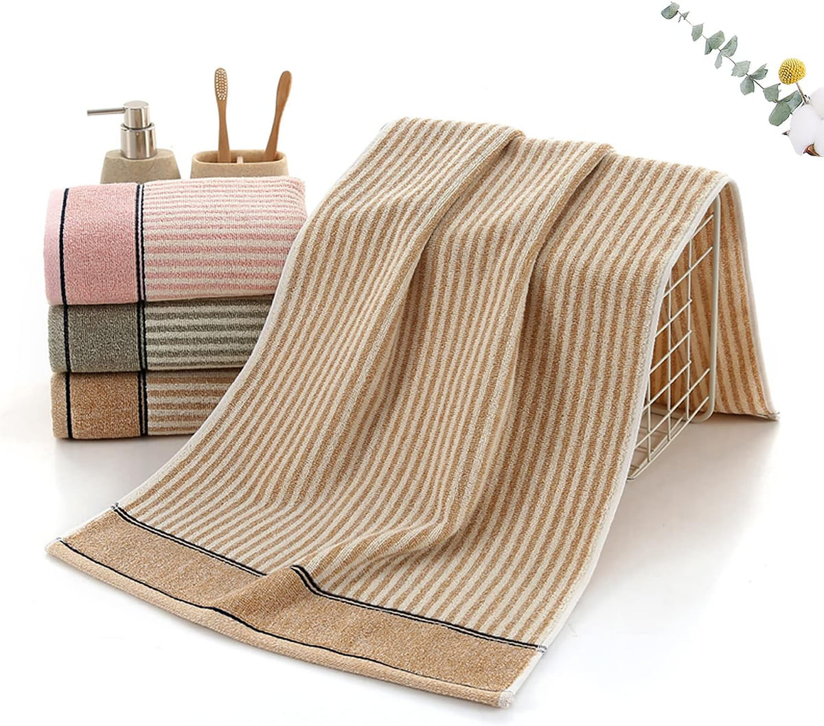 Striped Cotton Hand Towels Set of 2 for Bathroom (Pink)