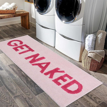 Pink Get Naked Bath Mat, Long Runner Mat for Bathroom, Cute Fun Simple Bath Rug, Water Absorbent Non-Slip Microfiber Mat, 18"x47"