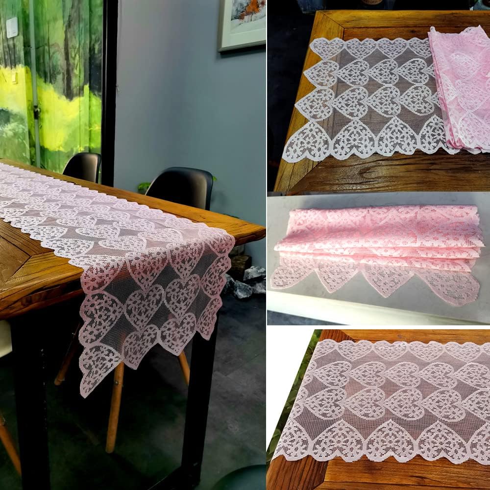 14 x 72 Inch Valentines Day Runner Pink Heart Table Runner Lace for Wedding Party Decorations