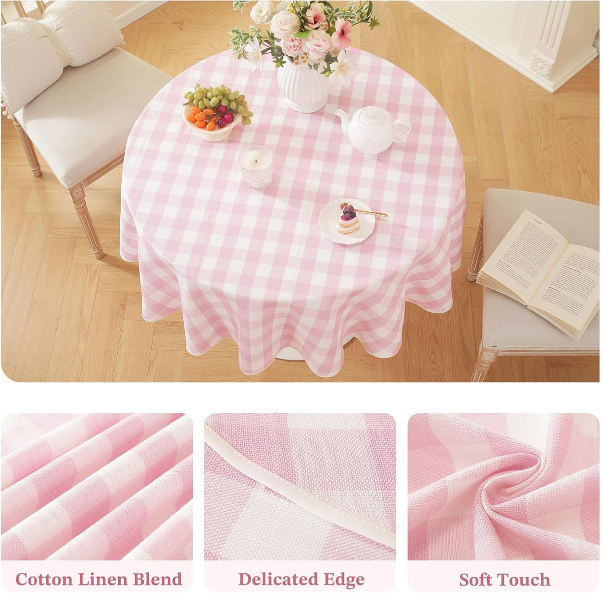 Pink Gingham Table Cloth Round Tables Buffalo Plaid Checkered Tablecloth Cotton Linen Farmhouse Tablecloths Washable Wrinkle Free for Baby Shower Picnic Kitchen, 60", 2-4 Seats