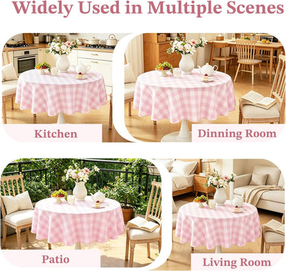 Pink Gingham Table Cloth Round Tables Buffalo Plaid Checkered Tablecloth Cotton Linen Farmhouse Tablecloths Washable Wrinkle Free for Baby Shower Picnic Kitchen, 60", 2-4 Seats