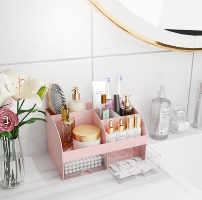 Makeup Organizer with Drawers, Cosmetic Storage for Dresser Vanity and Bathroom Countertop, Beauty Holder for Lipstick Brush, Skincare Organizer for Vanity, Cosmetic Display Case (Pink)